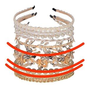 7 assorted fashion headbands, faux pearl, gold